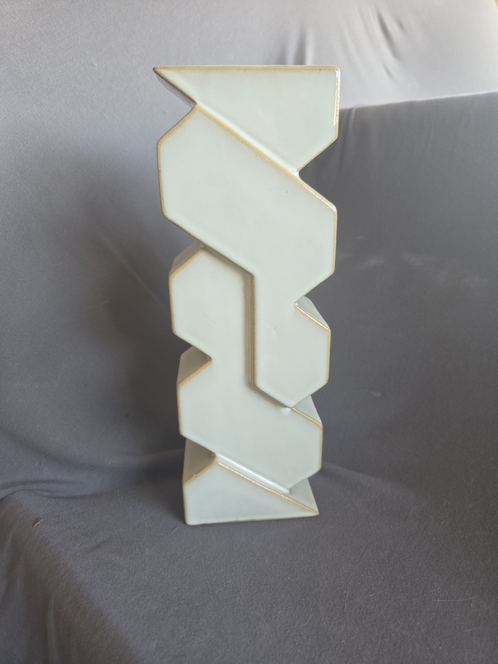 White Ceramic Geometric Sculpture Vase with Gold Trim